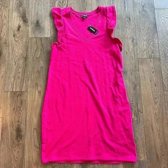 NWT EXPRESS Knit Dress Sleeveless Size XS Ruffle V Neck Raspberry Pink - Picture 1 of 6